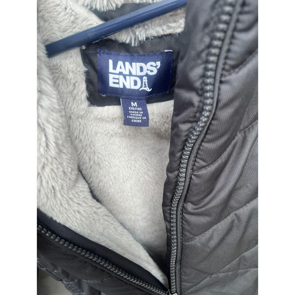 Lands End Girls Black Puffer Jacket Faux Fur Hooded Winter Coat Size M 10-12